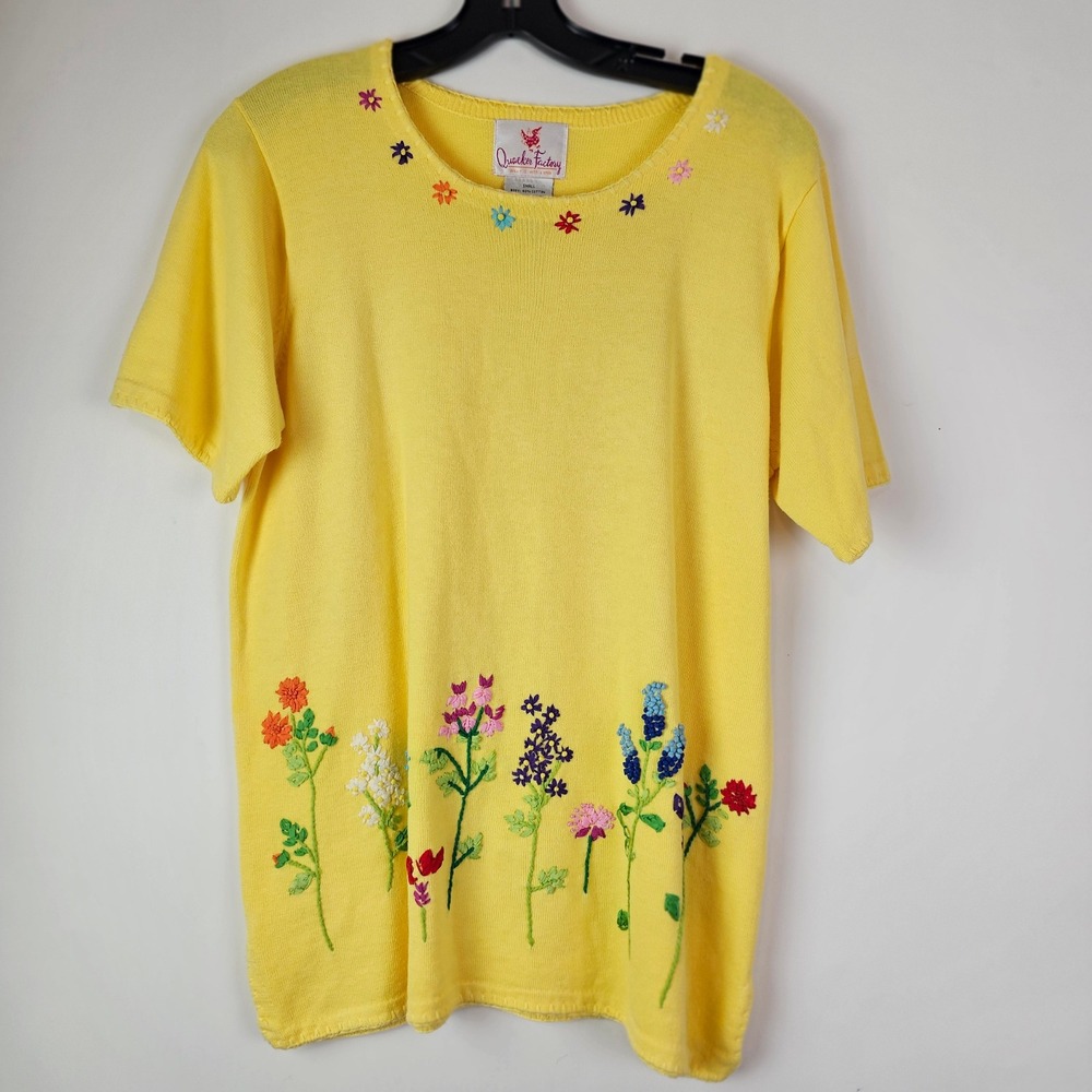 Quacker Factory Yellow Floral Embroidered Short Sleeve Knit Sweater S Garden